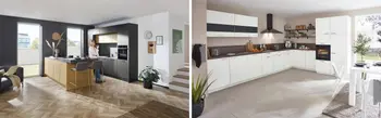 Zwei moderne Einbauküchen im Vergleich: links eine Designküche mit Kochinsel in Schwarz und Holzoptik, rechts eine helle Winkelküche in Weiß mit viel Stauraum und moderner Ausstattung für komfortables Wohnen.